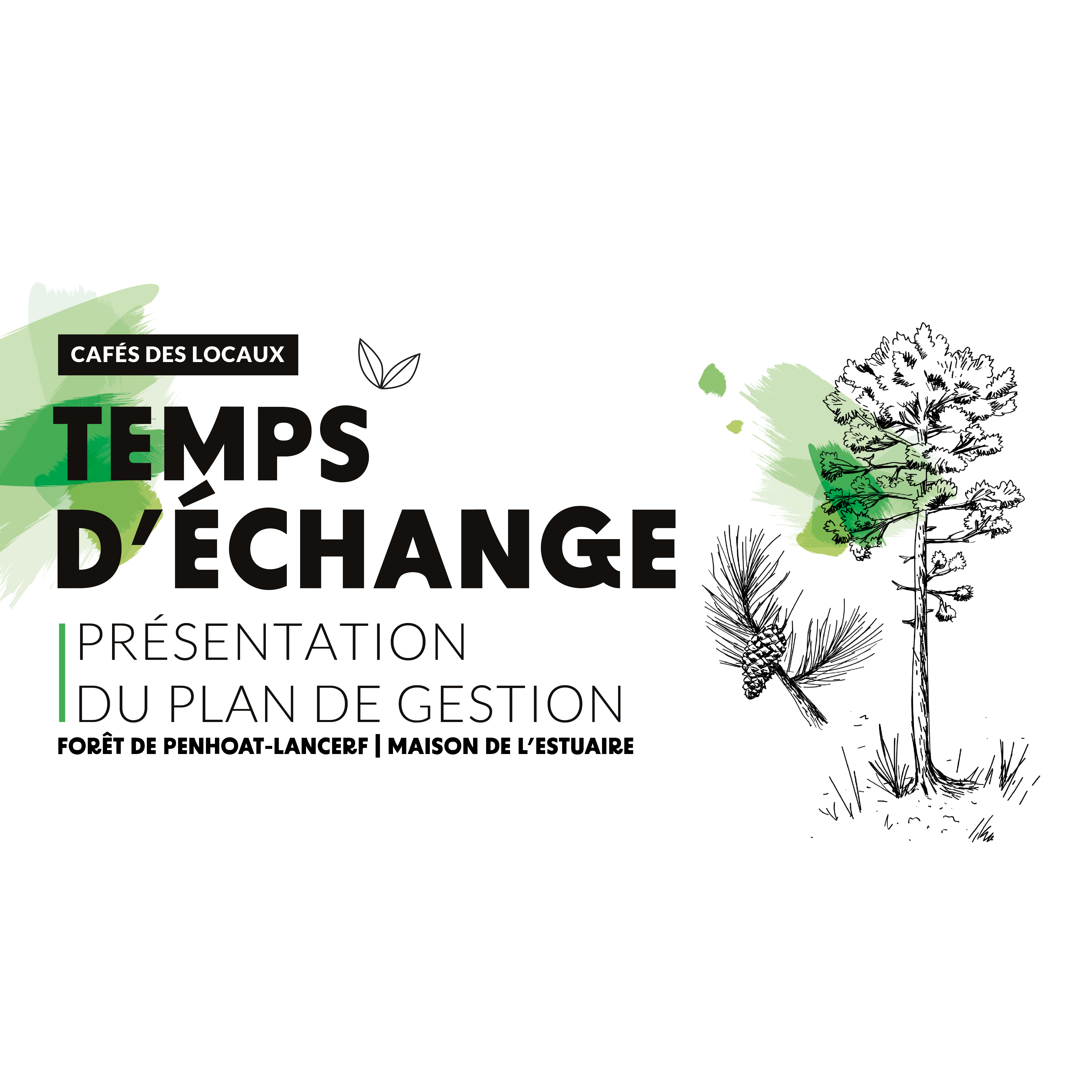 Affiche des Cafés des locaux à la Maison de l’estuaire sur le renouvellement du plan de gestion de la forêt de Penhoat-Lancerf